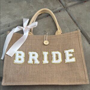 Bride Jute Tote Bag with White and Gold Accents